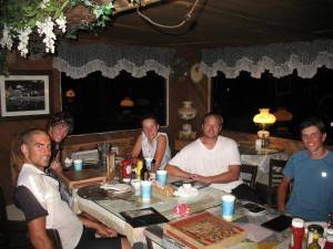 Jon, Andrew, Liz, Matt, and I eating dinner in Live Oak Springs, CA